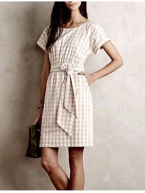 HD in Paris Anthropologie Beige Gingham Tie-Waist Mini Dress